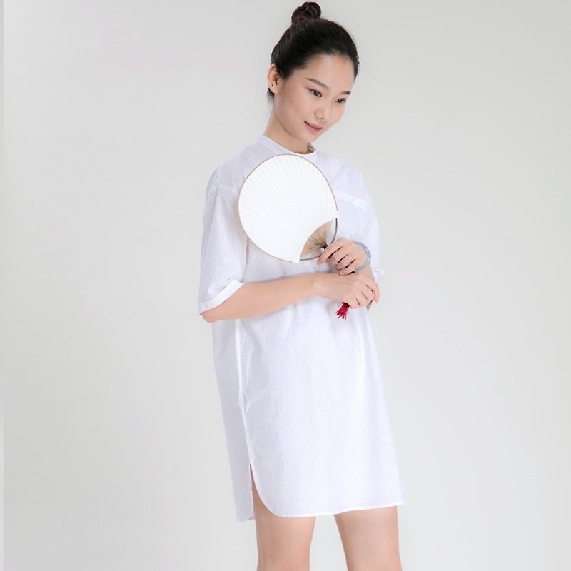 BUFU white cotton Chinese-dress style long shirt   D160304 - กี่เพ้า - ผ้าฝ้าย/ผ้าลินิน ขาว
