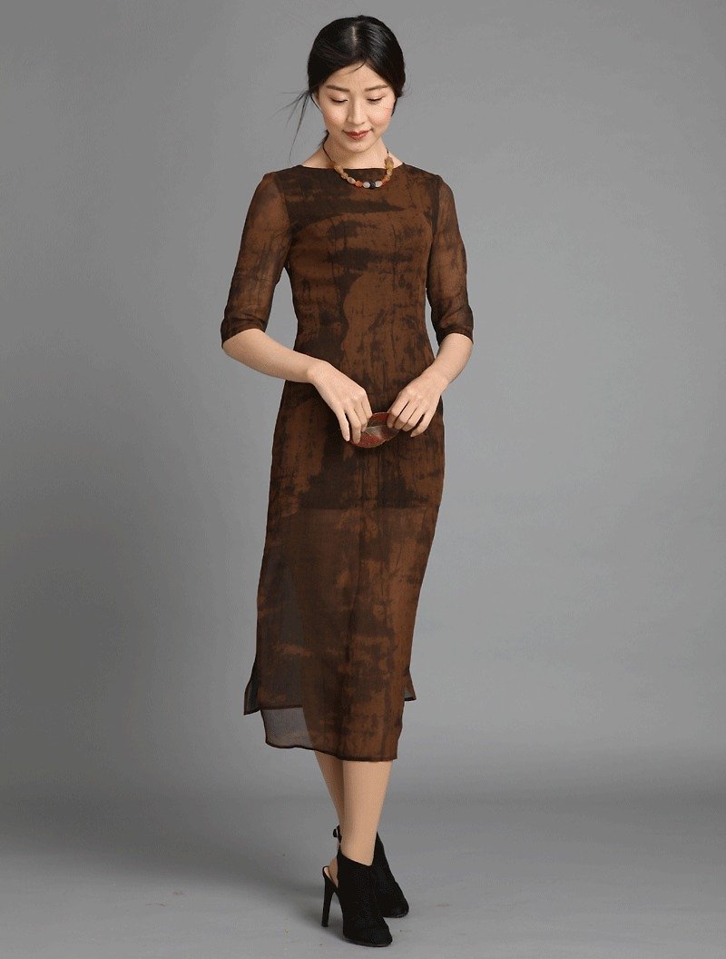 New summer mid-length dress with a leaf - One Piece Dresses - Silk 