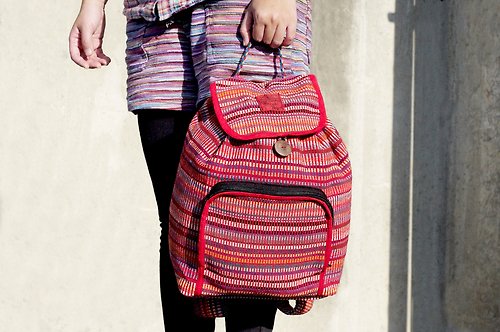 omhandmade 限量一件 天然手織布彩虹繽紛 帆布書包 / 背包 / 後背包 / 肩背包 / 旅行包 - 自然手感繽紛色彩 正紅色