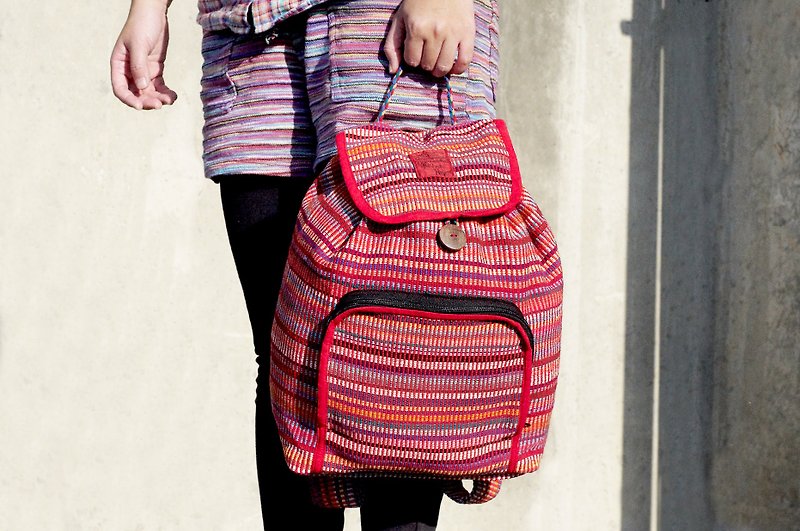 限量一件 天然手織布彩虹繽紛 帆布書包 / 背包 / 後背包 / 肩背包 / 旅行包 - 自然手感繽紛色彩 正紅色 - 後背包/書包 - 棉．麻 紅色