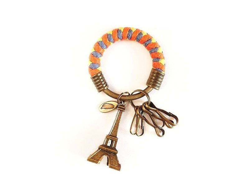 [UNA-Yona Handmade] Key ring (small) 5.3CM orange + bright yellow + blue purple + three-dimensional Eiffel Tower hand-woven wax rope hoop customized - Keychains - Other Metals 