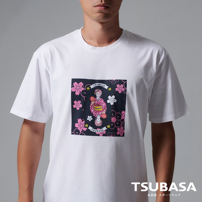 YAMATO聯名款 圓領白T-shirt  藝伎與粉桌球拍圖案 情侶裝 短袖 - 男 T 恤 - 棉．麻 白色