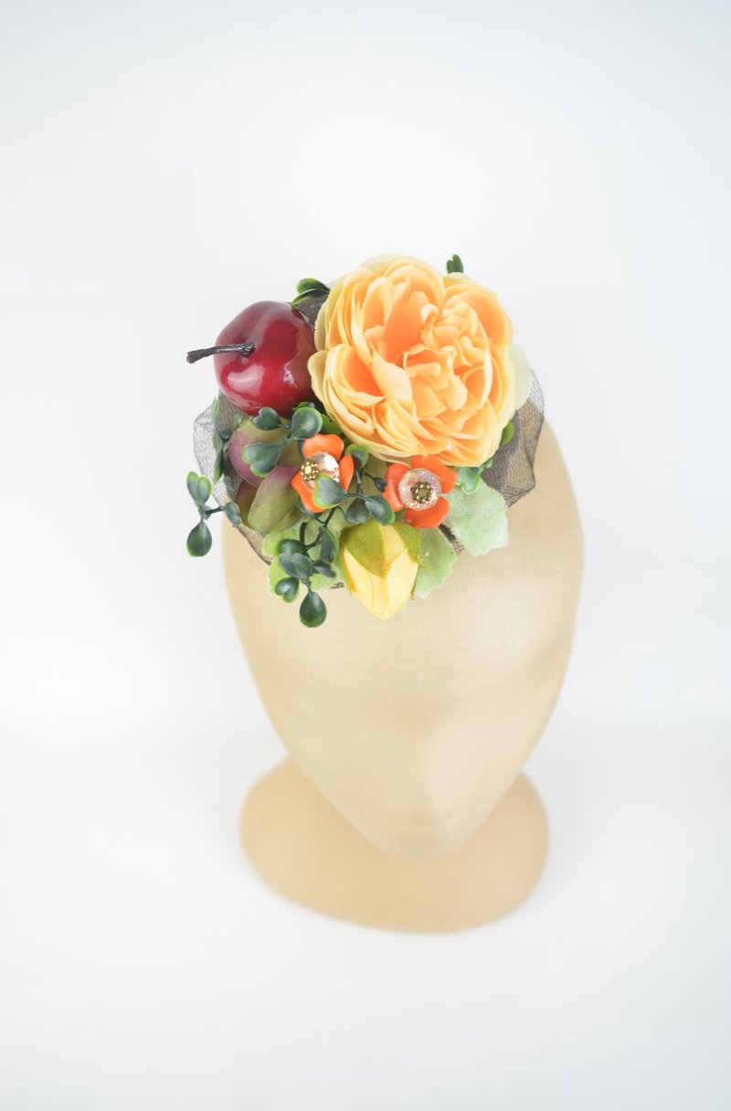 Headpiece Jewelled Flowers, Silk Roses and Deep Red Apple in Orange Floral Crown - เครื่องประดับผม - วัสดุอื่นๆ สีส้ม