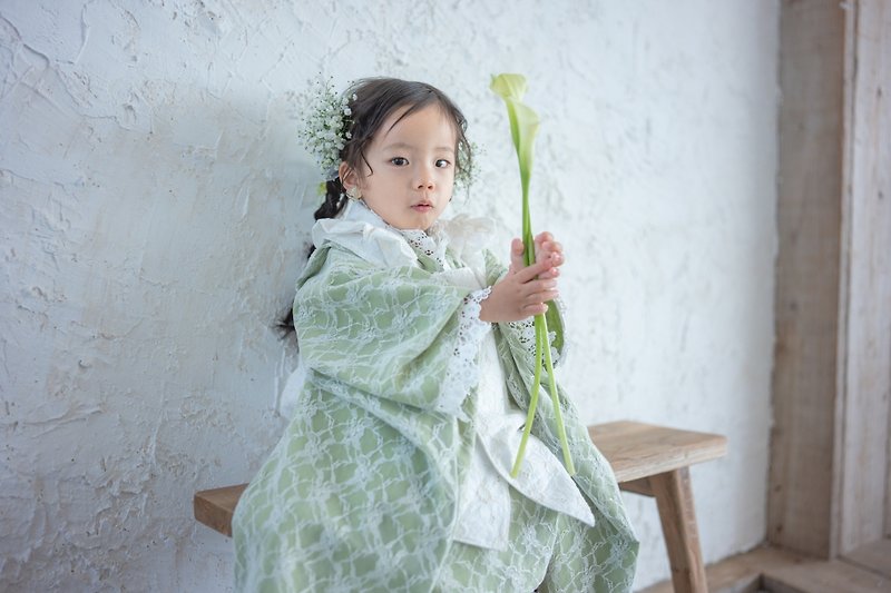 キッズ着物 振袖 日本製 kids kimono yukata green 幼児と子供向け 和装ドレス 七五三 浴衣 レース生地 - 童裝禮服 - 棉．麻 綠色