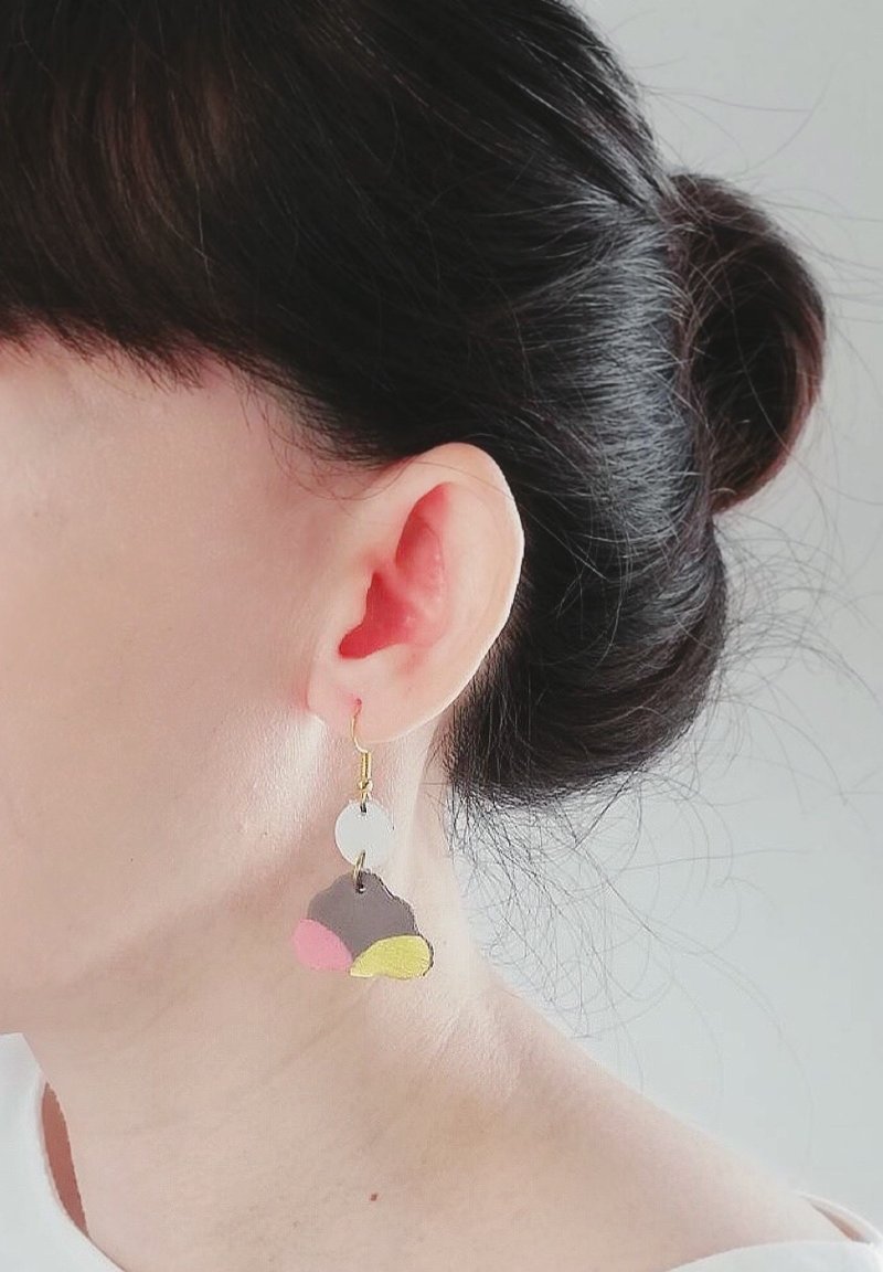 Geometric Handmade leather earring grey gold pink and white color - Earrings & Clip-ons - Genuine Leather Gray