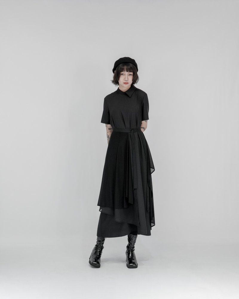 MUKK DESIGN 兩件式片裙不對稱領洋裝 - 洋裝/連身裙 - 聚酯纖維 黑色