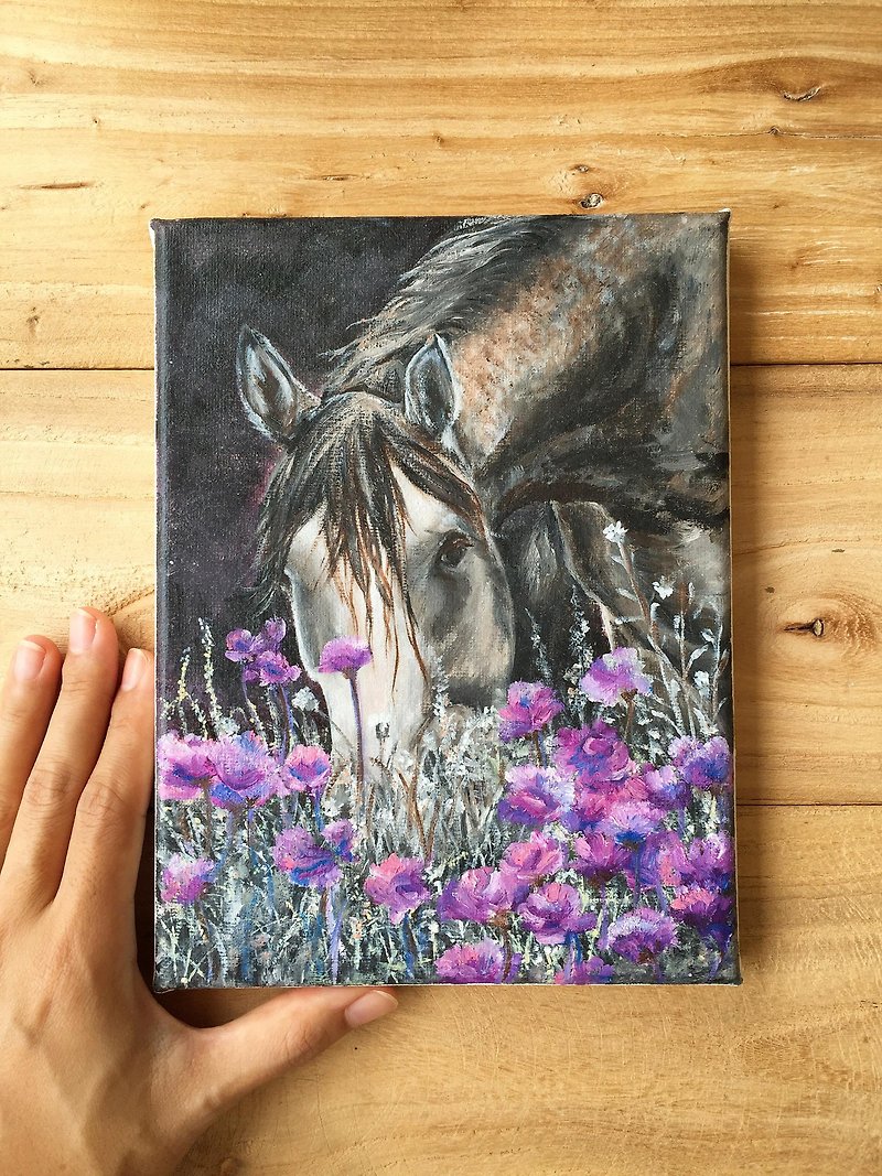 【Black Horse】Original Oil Painting. Small Canvas Art. Animal Landscape Scenery. - โปสเตอร์ - ผ้าฝ้าย/ผ้าลินิน 