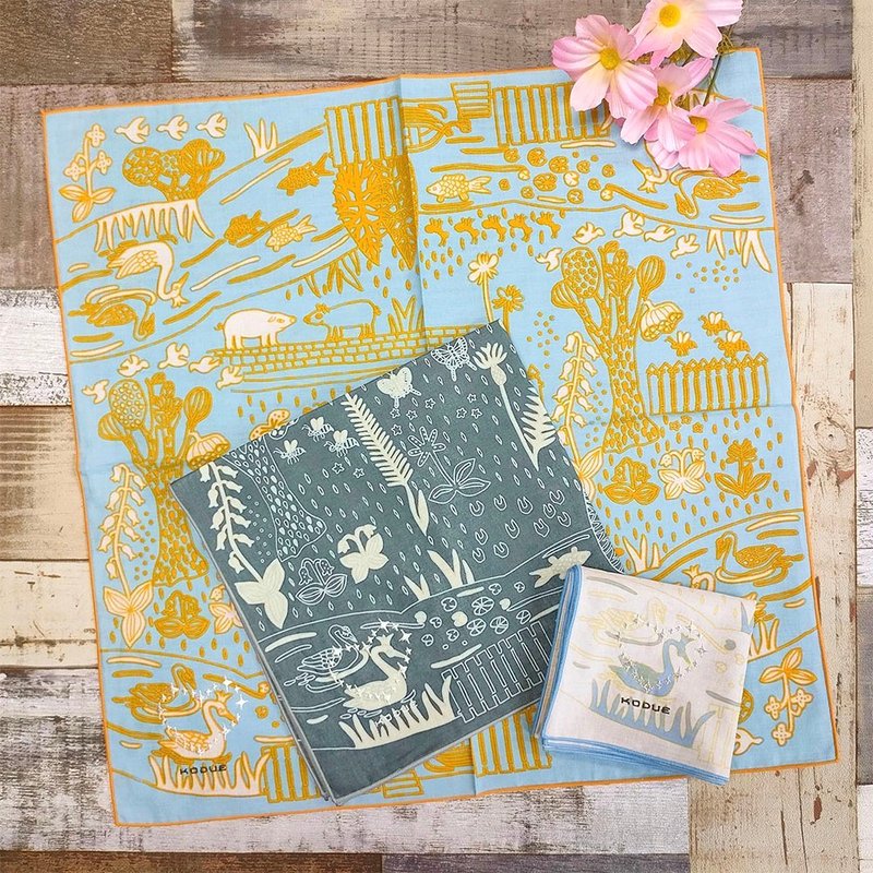 HBK刺繡雙層手帕 天鵝湖|48X48CM|心形刺繡|理想花園|限量發售 - 手帕 - 棉．麻 藍色