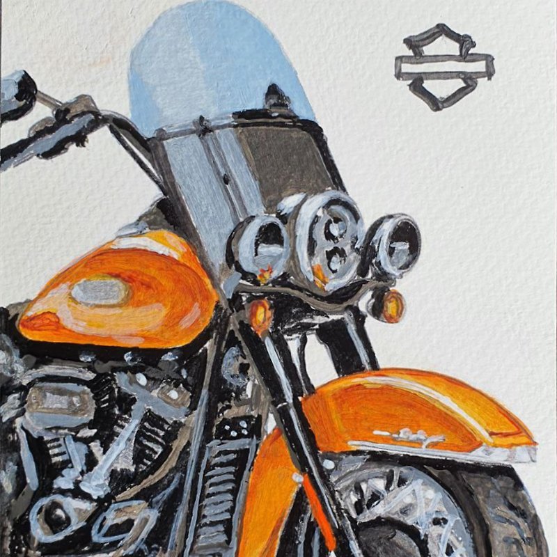 Harley Davidson Painting Motorcycle Original Art 2023 Heritage Classic Postcard - 掛牆畫/海報 - 其他材質 橘色