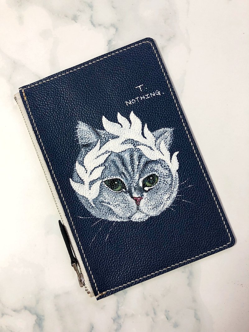 Hand-painted pattern head cat leather coin purse | mobile phone bag | small wallet | clutch bag - กระเป๋าคลัทช์ - หนังแท้ สีน้ำเงิน