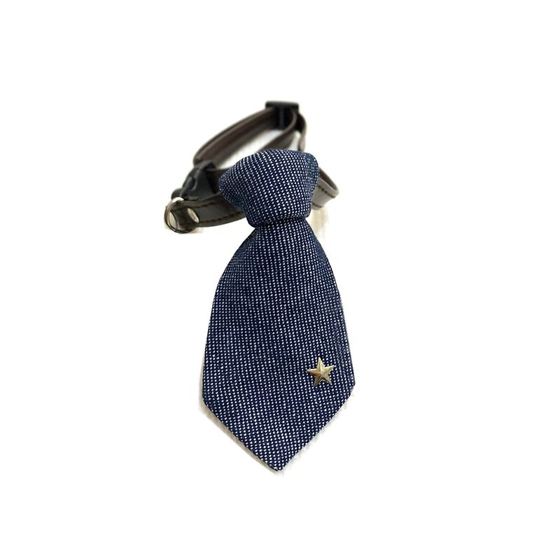 Ella Wang Design Tie pet bow tie cat and dog denim denim - ปลอกคอ - ผ้าฝ้าย/ผ้าลินิน สีน้ำเงิน