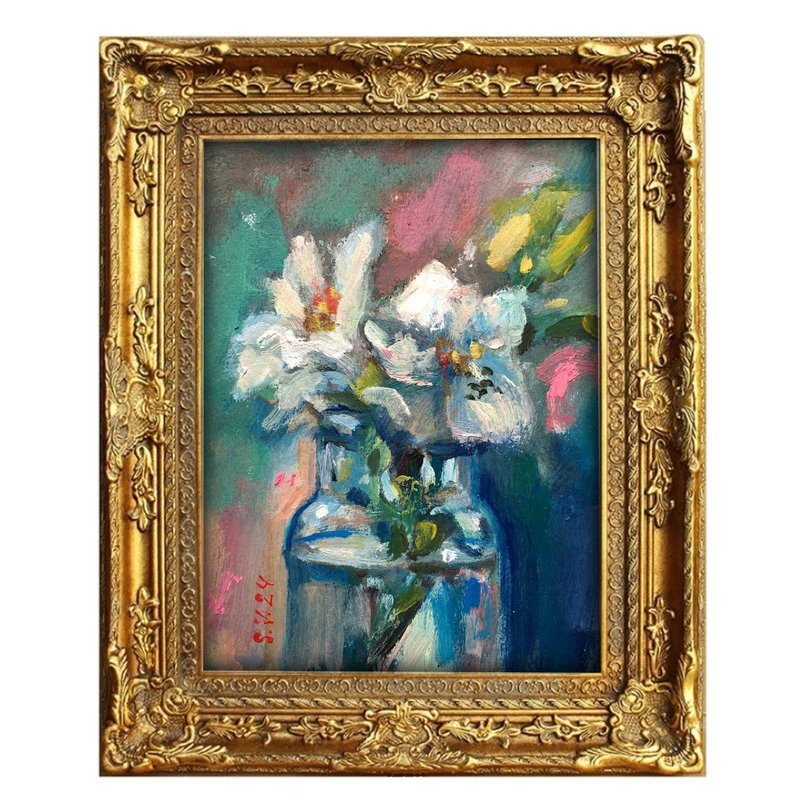 Flower Floral Original Painting Flower Nature 畫一朵花 decor antique - ตกแต่งผนัง - วัสดุอื่นๆ สีน้ำเงิน