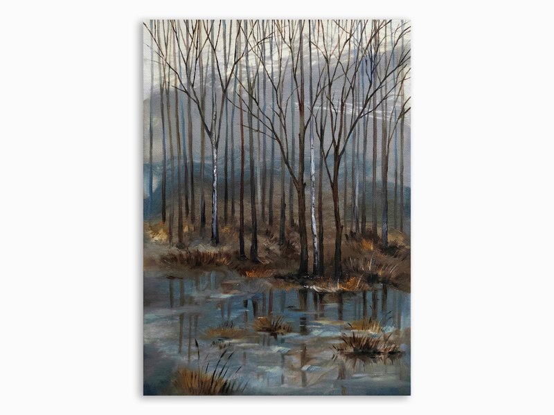 Fall Forest Painting Fog Original Art Smoky Landscape Forest Art Autumn Wall Art - 海報/掛畫/掛布 - 其他材質 灰色