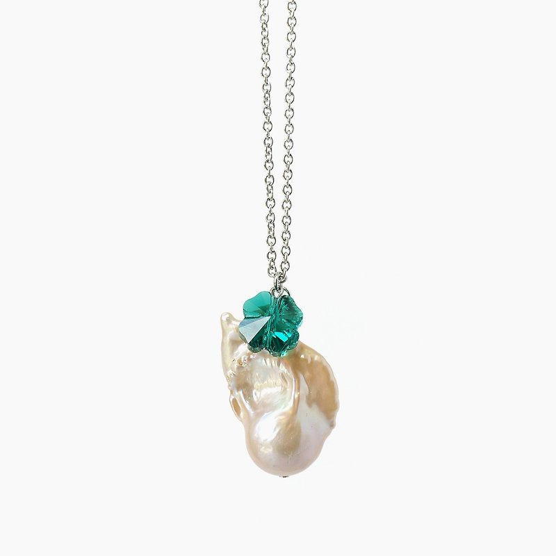 Big Baroque Pearl Pendant Necklace with Green Clover Swarovski Crystal - Necklaces - Gemstone Khaki