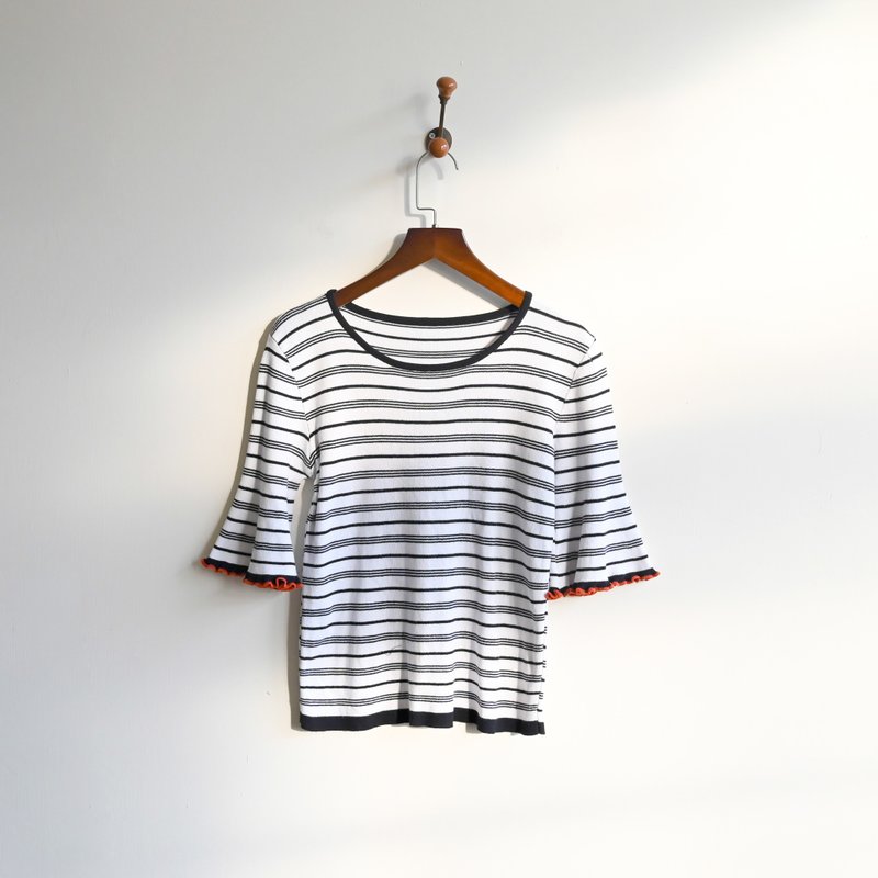 [Egg Plant Vintage] Striped piping altered knitted vintage top - Women's T-Shirts - Other Man-Made Fibers 