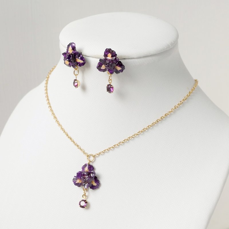 Birth Flower x Birthstone Feb Iris x Amethyst Earrings and Necklace Set - Earrings & Clip-ons - Clay Purple