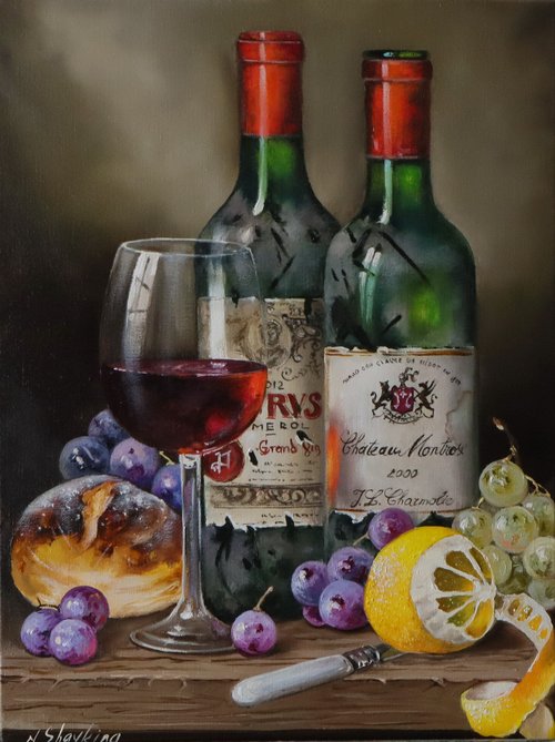 GalleryPaintingsArt Wine Bottles Still Life Realistic Original Oil Painting Canvas, Cellar Wall Art