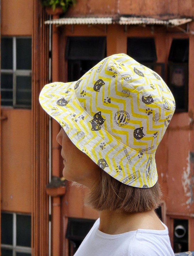 Reversible Stamp Chop Cat Pattern Bucket Hat/ Fishman Hat - Hats & Caps - Cotton & Hemp Yellow