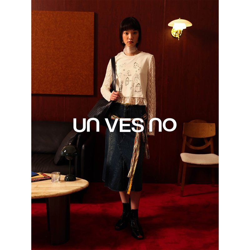 【手繪印花】Unvesno(UN) 古典寬松圓領長袖T恤&蕾絲袖印花女款 - 男 T 恤 - 其他材質 