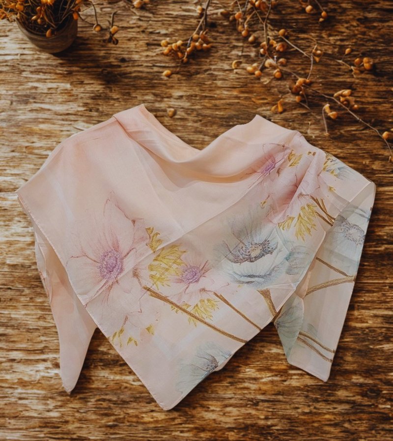 Jennie Tsai - 粉嫩嫩花朵系列  淡雅粉方型絲巾 - 絲巾 - 棉．麻 