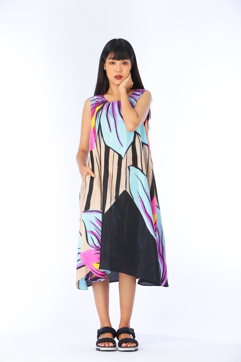 Dress Hand Paint Soft Cotton Silk for Yoga Vacation Holidays - 洋裝/連身裙 - 棉．麻 咖啡色