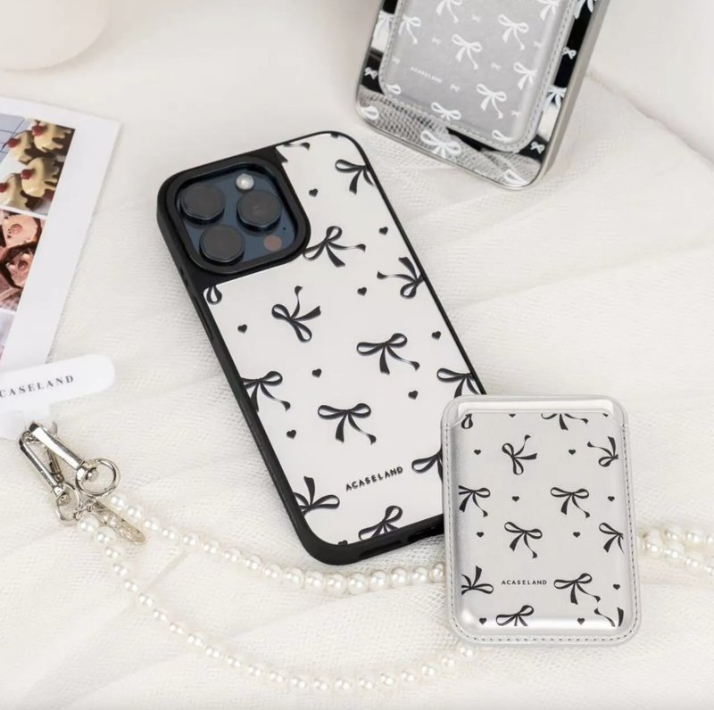 Customization|Black bow black edge mirror MagSafe mobile phone protective case - เคส/ซองมือถือ - พลาสติก 