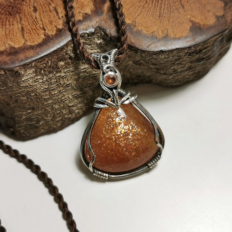 Stone/orange corundum-sterling silver braided design pendant/with waterproof Wax thread necklace - Necklaces - Semi-Precious Stones Orange