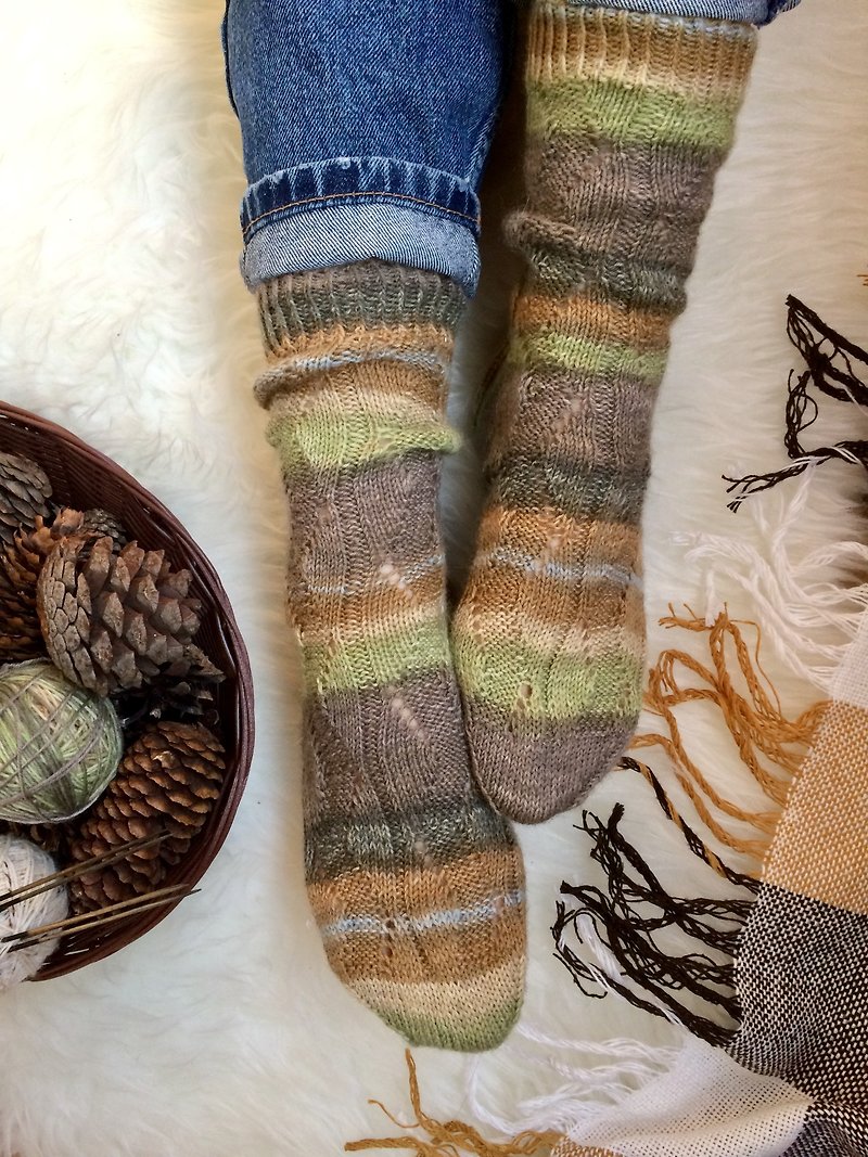 Handmade wool striped multicolored socks women - Socks - Wool Khaki