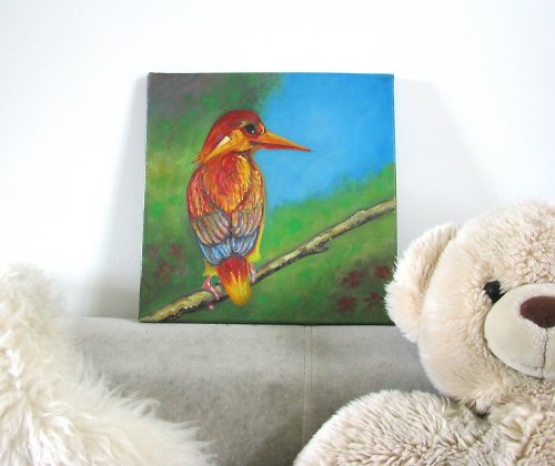 DCS-Art Red Little Bird original small oil painting on canvas home wall decoration