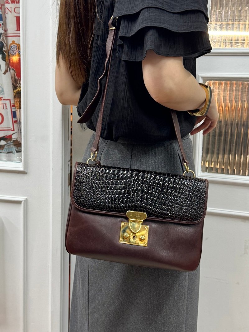 中古美品 Bally 拼色皮革 方形 風琴包 斜背包 復古 意大利製 - 側背包/斜背包 - 真皮 咖啡色