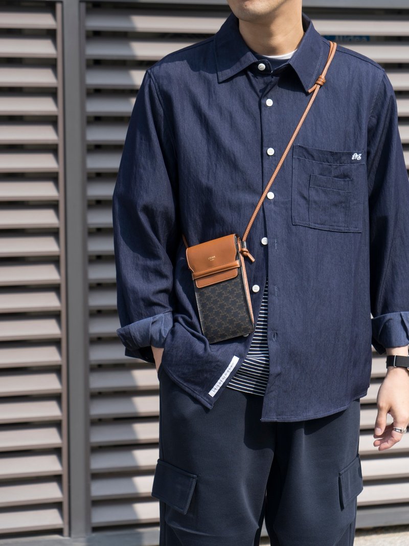 SHIRT 靛藍長袖休閒襯衫男春季新款日系潮流寬松工裝街頭 - 男襯衫/休閒襯衫 - 其他人造纖維 