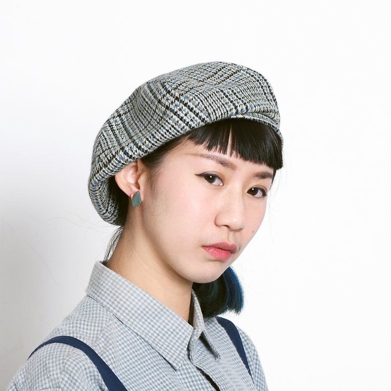 JOJA│ Beile / Houndstooth / fog blue green black / SM adjustable / beret / painter hat - Hats & Caps - Wool Green