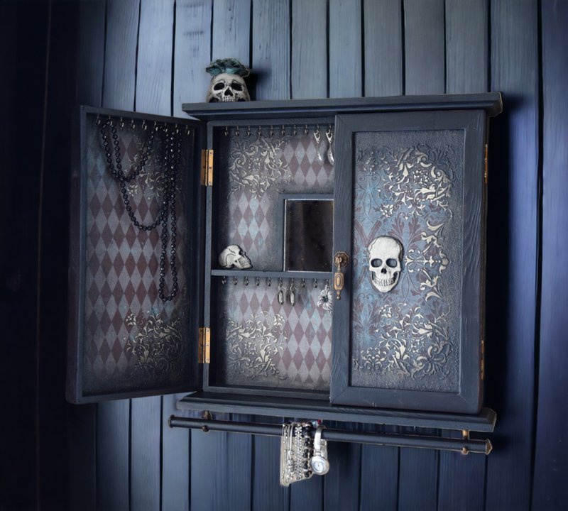 Wall Cabinet Gothic with doors Home decor skull decor Skeleton personalized box - 居家收納/收納盒/儲物盒 - 木頭 