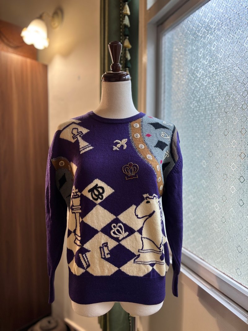西洋棋局刺繡古著毛衣 - 女毛衣/針織衫 - 羊毛 紫色