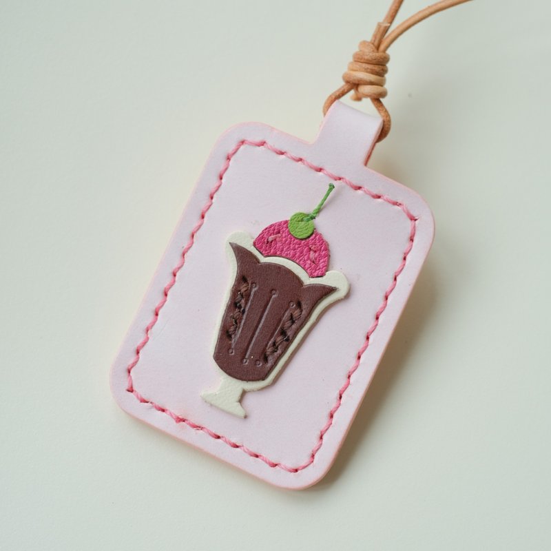 Pink access card holder dessert series bag ornaments fog wax cowhide handmade - ที่ใส่บัตรคล้องคอ - หนังแท้ สึชมพู