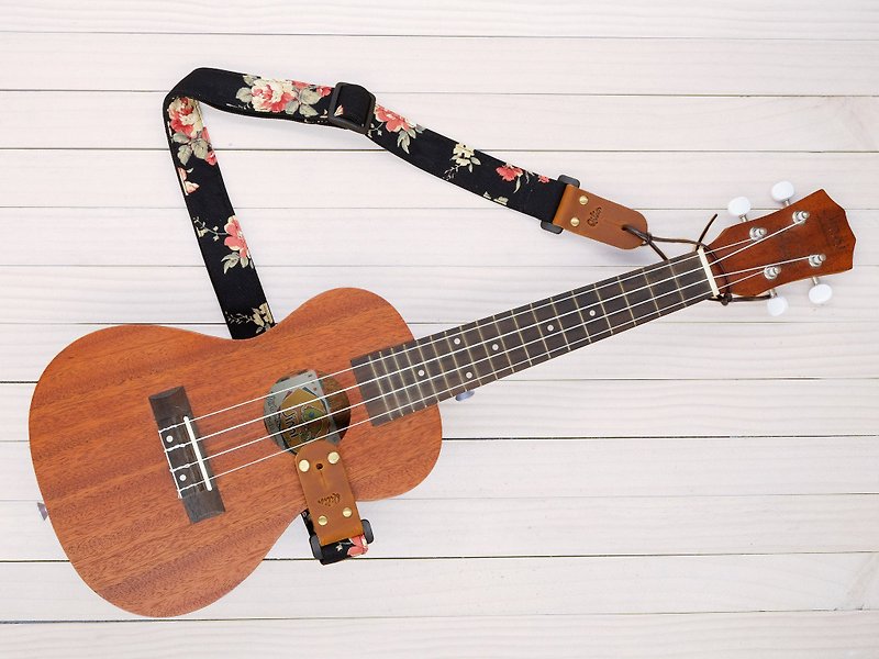 Black Fabric Flower Ukulele Strap 3in1 - Guitars & Music Instruments - Genuine Leather Black