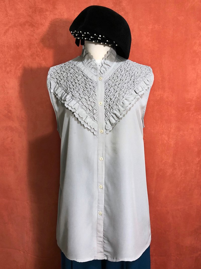 雙層刺繡領車褶無袖古著襯衫/ VINTAGE - 女襯衫 - 聚酯纖維 灰色