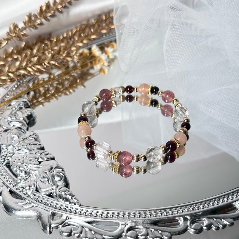 Lovers - red Stone, clear moonstone, strawberry crystal, silver hair crystal - Bracelets - Crystal Pink