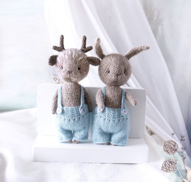 Deer and Bunny Set of toys, Stuffed Animal Dolls with clothes, Gift for Twins - ตุ๊กตา - ขนแกะ สีน้ำเงิน