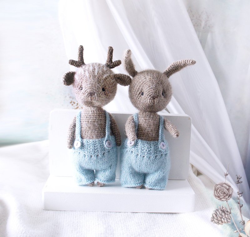 Deer and Bunny Set of toys, Stuffed Animal Dolls with clothes, Gift for Twins - 玩偶/公仔 - 羊毛 藍色