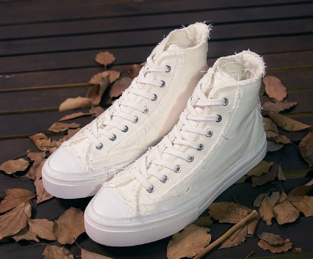 Pure white limited personality tattered white high top canvas shoes Shop BLESS SHOE Men s Casual Shoes Pinkoi