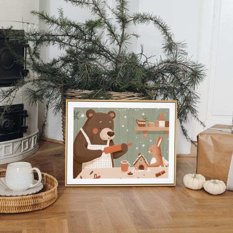 雪の結晶のジンジャーブレッドハウス - クリスマスイラスト/クリスマスツリーの飾り//クリスマスギフト交換 - ポスター・絵 - コットン・麻 ブラウン