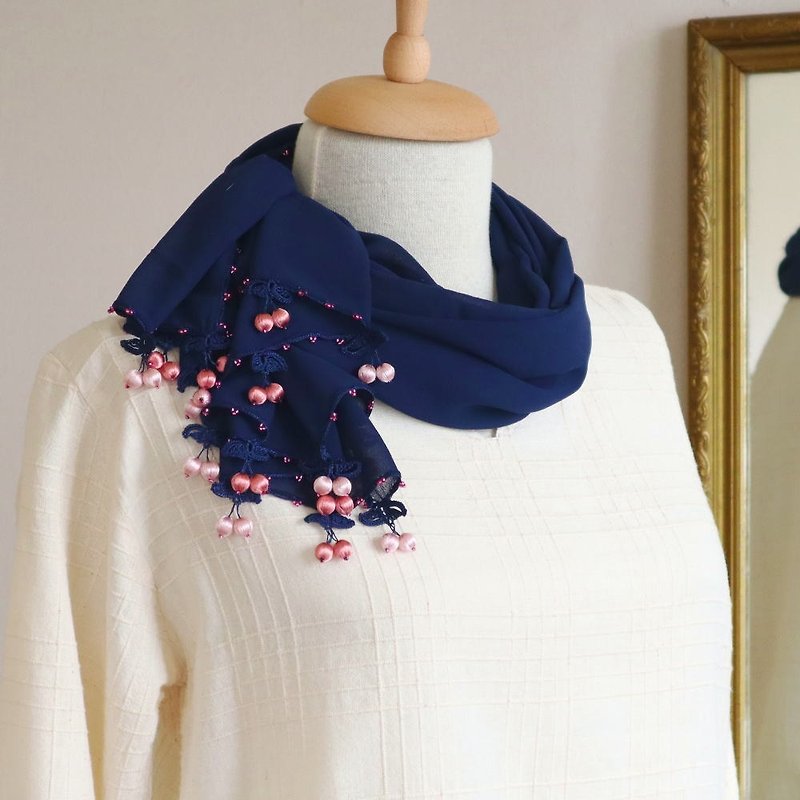 OYA crochet chiffon shawl【CHERRY】Indigo - ผ้าพันคอ - ไฟเบอร์อื่นๆ สีน้ำเงิน