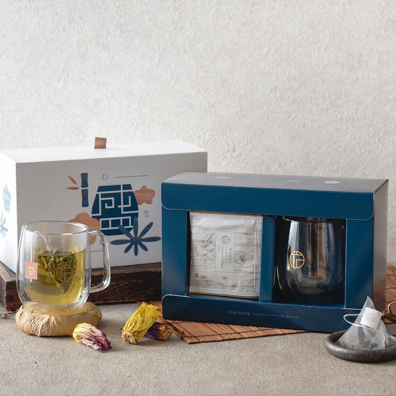 【盛】台灣梨山高山茶包+雙層隔熱玻璃杯精裝禮盒 - 茶葉/茶包/水果茶 - 紙 藍色