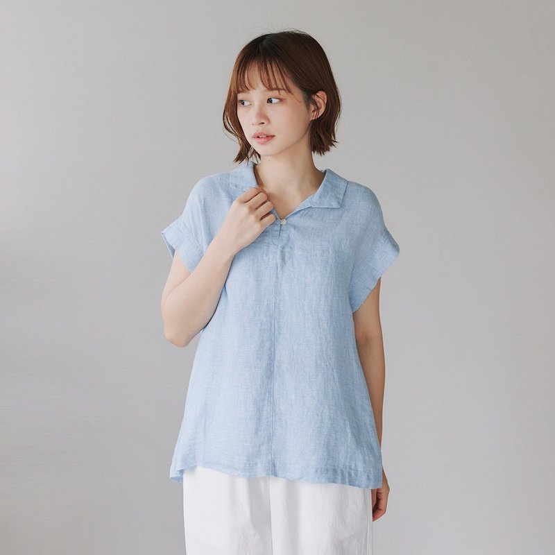 【Simply Yours】亞麻千鳥格無袖上衣 藍F - 女上衣/長袖上衣 - 棉．麻 藍色