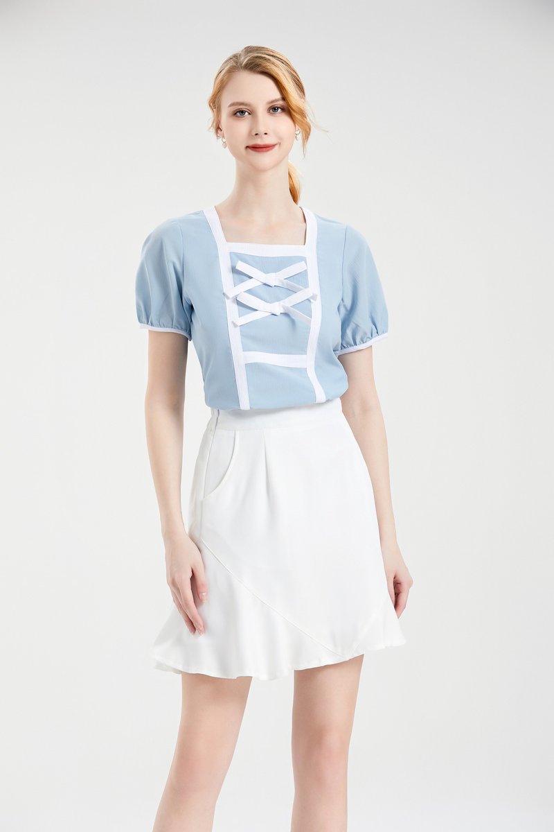 Color Block Square Neck Double Bow Slim Top | Light Blue | Lined - Women's Tops - Polyester Blue