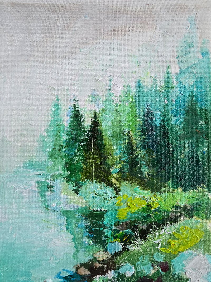 Painting with pine forest in oil on canvas - Wall Décor - Cotton & Hemp Green