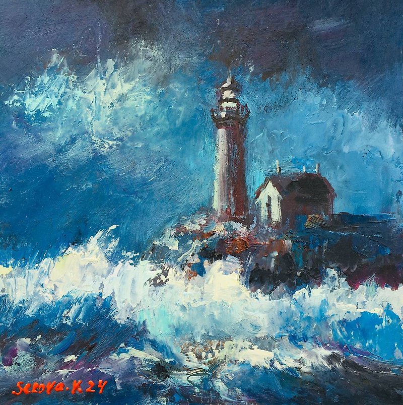 Seascape lighthouse Painting Original Ocean Painting Coast Sea Oil Art Artwork - ของวางตกแต่ง - วัสดุอื่นๆ 