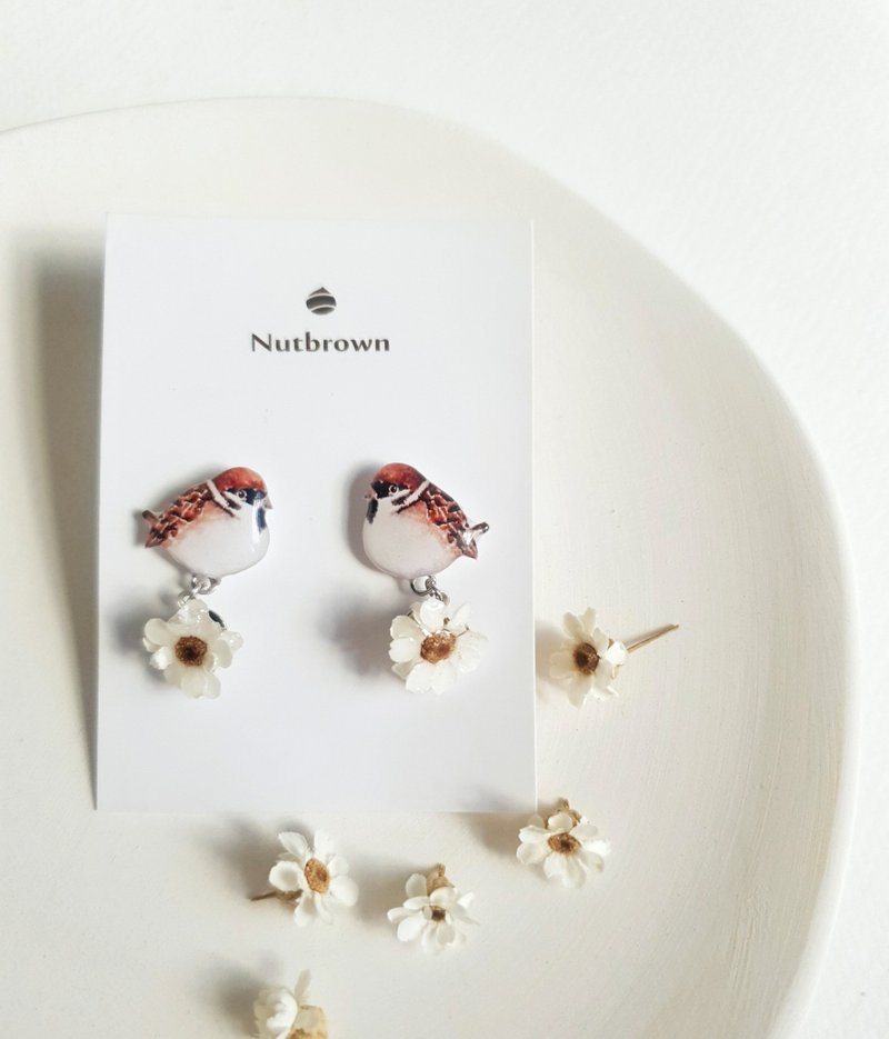 Bird Series-Sparrow White Plum Dried Flower Earrings/ Clip-On - Earrings & Clip-ons - Resin Brown