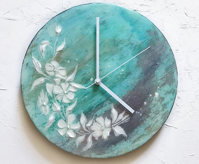 青 エポキシ 壁時計 手作り 愛染 壁の装飾 レジンアート 花時計 ショップ Juliaartgallery 時計 Pinkoi